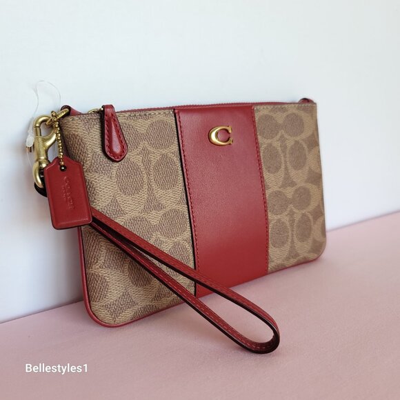 COACH Boxed Small Wristlet in Signature Canvas & Smooth Leather-Tan/Ruby color⭐ - Picture 6 of 16